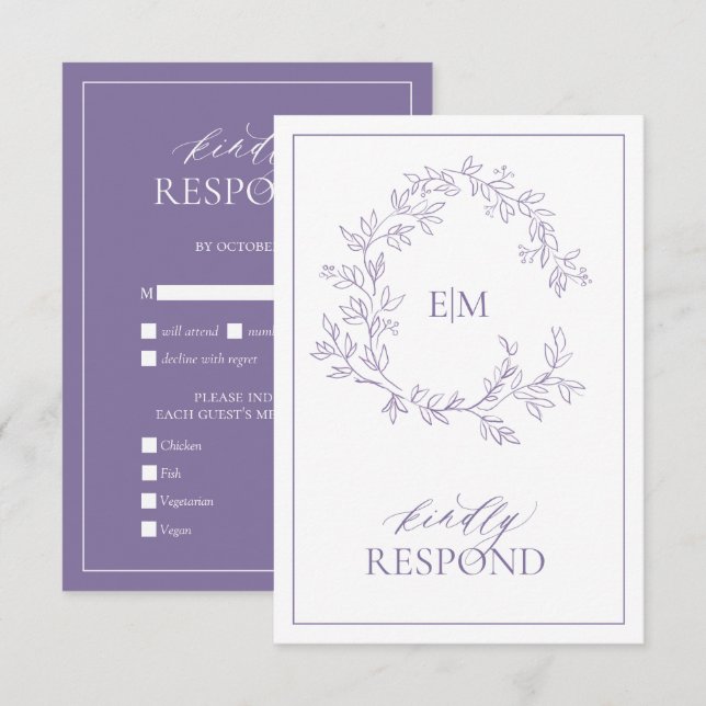 Tarjeta RSVP de Boda en Monograma de Lavanda Lilac (Anverso / Reverso)