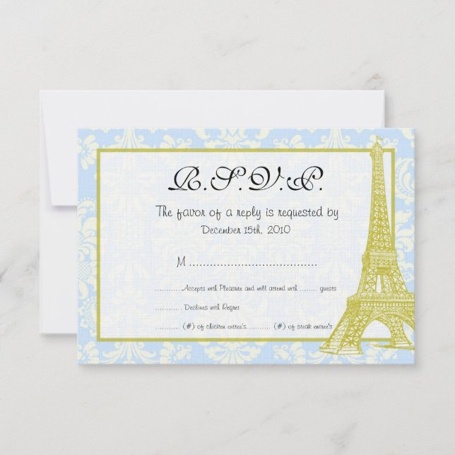 Tarjeta RSVP de boda en París Blue Damask (Anverso)