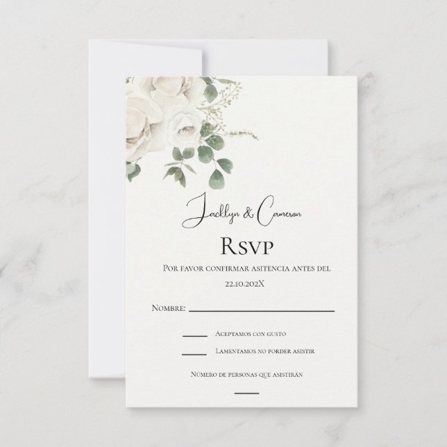 Tarjeta RSVP de boda española floral blanca (Anverso)