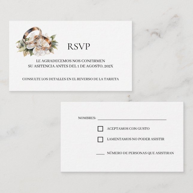 Tarjeta RSVP de Boda Española Floral de Ring (Anverso / Reverso)