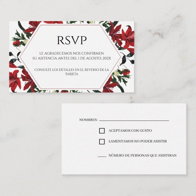 Tarjeta RSVP de Boda Española Floral Roja (Anverso / Reverso)