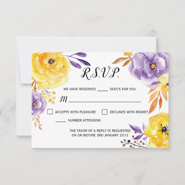 Tarjeta RSVP de boda floral acuarela (Anverso)