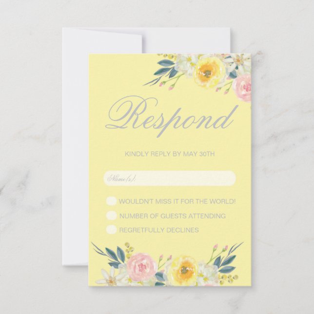 Tarjeta RSVP de boda floral amarilla (Anverso)
