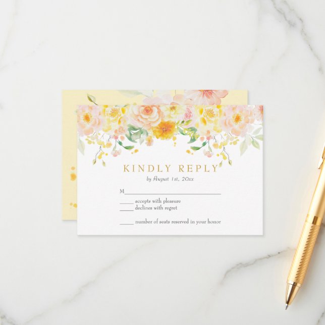 Tarjeta RSVP de boda floral amarilla con mantequil (Anverso/Reverso In Situ)