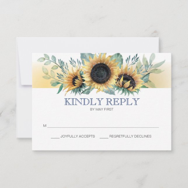 Tarjeta RSVP de boda floral azul de girasol y mari (Anverso)