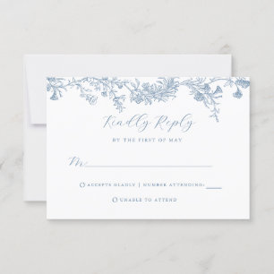 Tarjeta RSVP de Boda Floral Azul Dusty Vintage