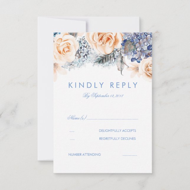 Tarjeta RSVP de Boda Floral Azul Dusty y Peach (Anverso)