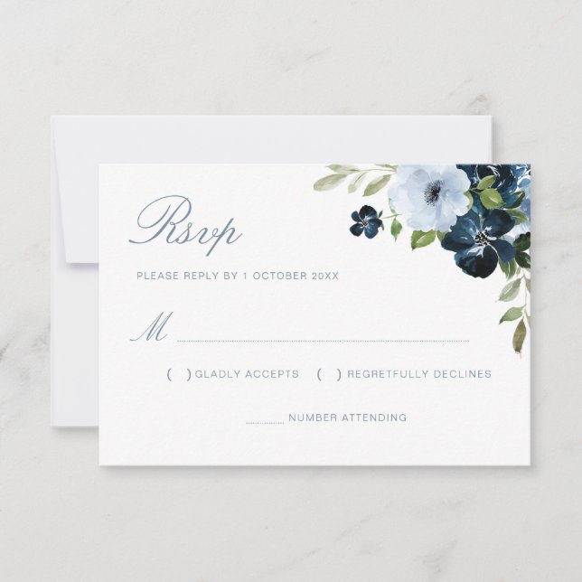 tarjeta rsvp de boda floral azul marino y azul cla (Anverso)