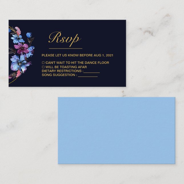 Tarjeta RSVP de boda floral azul real moderna (Anverso / Reverso)