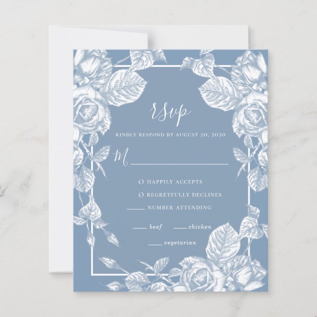 Tarjeta RSVP de boda floral azul turbia y presupue (Anverso)