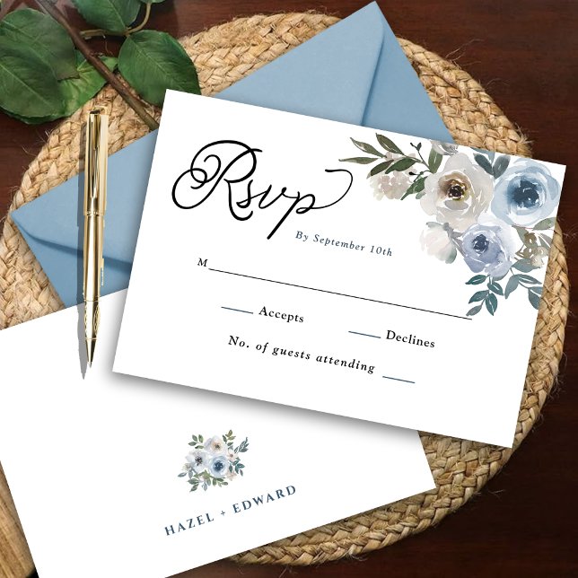 Tarjeta RSVP de boda floral azul turquesa moderna  (Modern Simple Dusty Blue Floral Wedding RSVP Card)