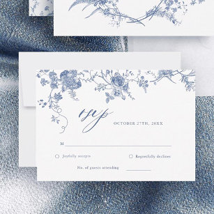 Tarjeta RSVP de boda floral azul victoriana clásic