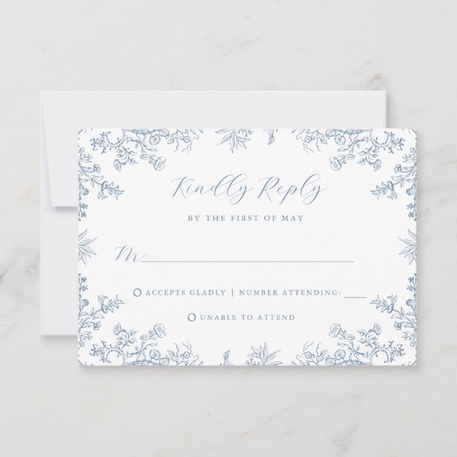 Tarjeta RSVP de Boda Floral Azul Vintage (Anverso)