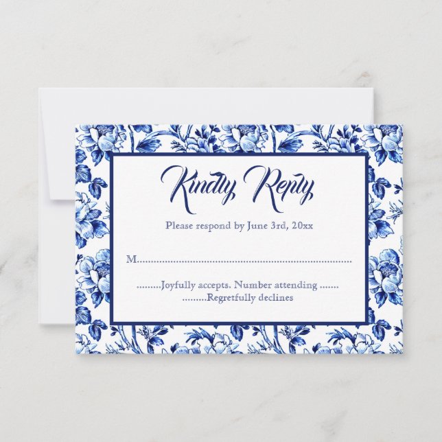 Tarjeta RSVP de Boda Floral Azul y Blanca (Anverso)