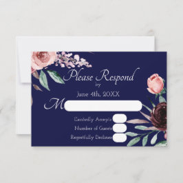 Tarjeta RSVP de Boda Floral Azul y Borgoña de Mari