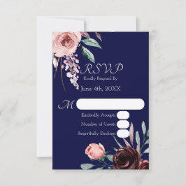 Tarjeta RSVP de Boda Floral Azul y Borgoña de Mari