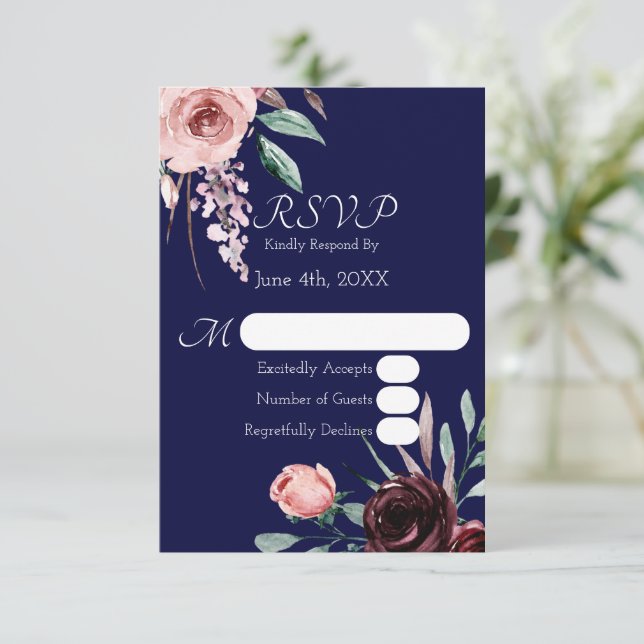 Tarjeta RSVP de Boda Floral Azul y Borgoña de Mari (Anverso de pie)