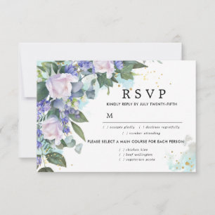 Tarjeta RSVP de boda floral blanca azul, opciones 
