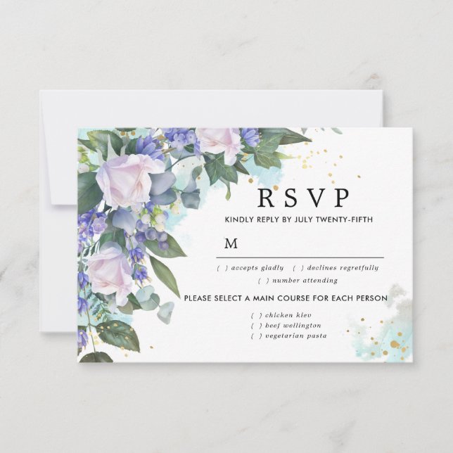 Tarjeta RSVP de boda floral blanca azul, opciones  (Anverso)
