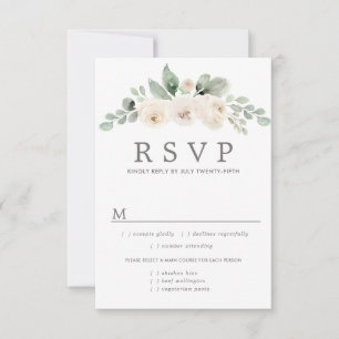 Tarjeta RSVP de boda floral blanca, opciones de co