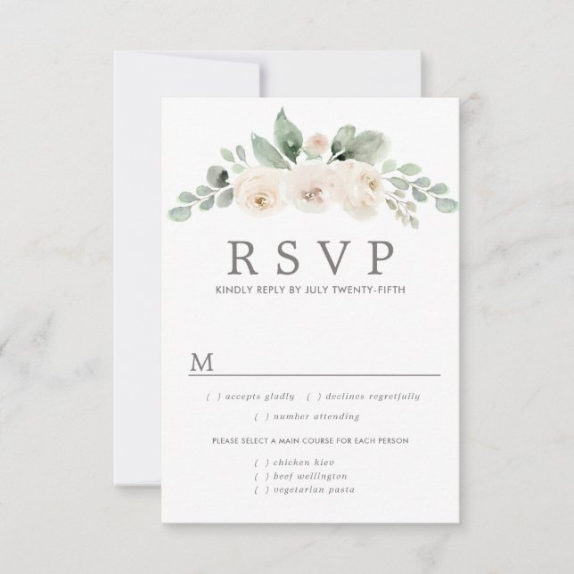 Tarjeta RSVP de boda floral blanca, opciones de co (Anverso)