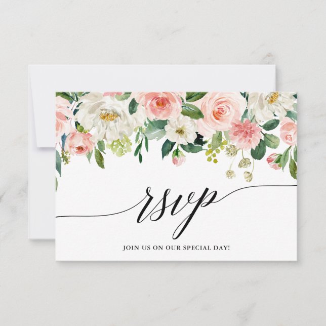 Tarjeta RSVP de Boda Floral Blanca Rosa de Caligra (Anverso)