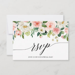 Tarjeta RSVP de Boda Floral Blanca Rosa de Caligra