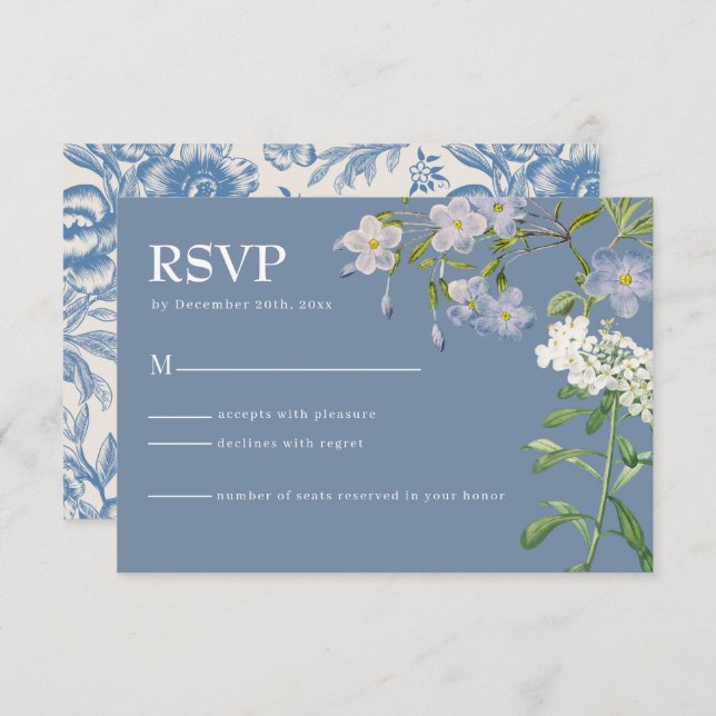 Tarjeta RSVP de boda floral blanca y azul turbia m (Anverso / Reverso)