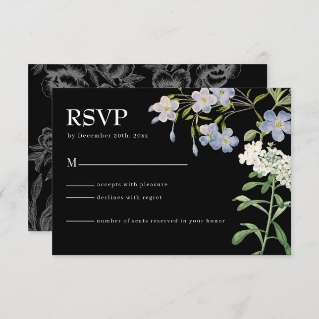 Tarjeta RSVP de boda floral blanca y negra moderna (Anverso / Reverso)