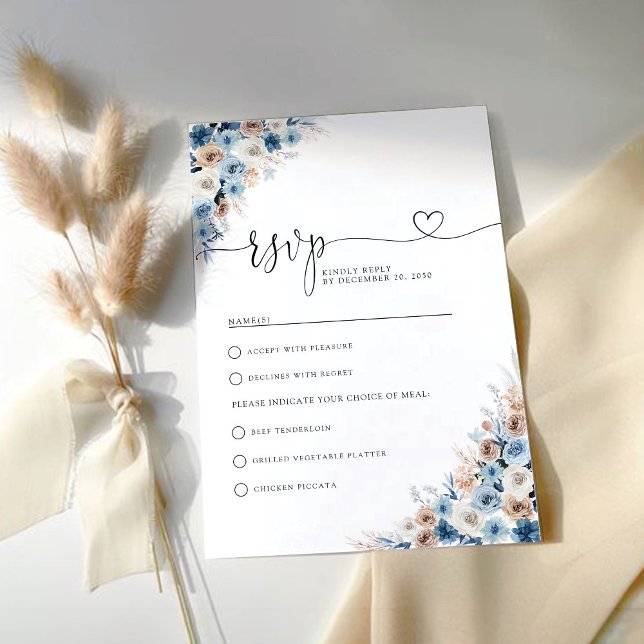 Tarjeta RSVP de boda floral Blue Boho (Subido por el creador)