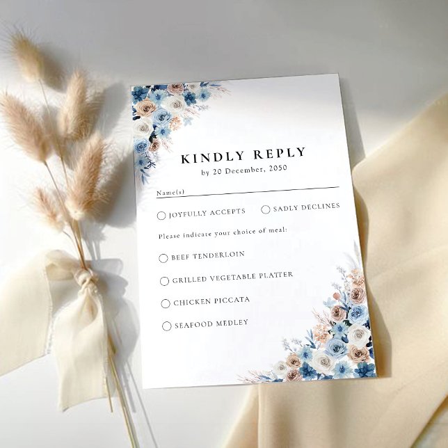 Tarjeta RSVP de boda floral Blue Boho (Subido por el creador)
