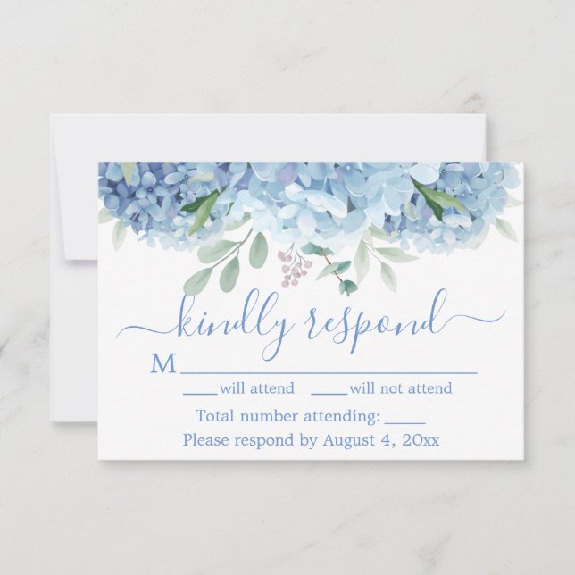 Tarjeta RSVP de boda floral Blue Purple Hydrangeas (Anverso)
