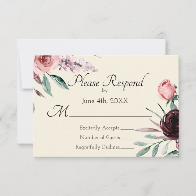 Tarjeta RSVP de Boda Floral Borgoña y Crema (Anverso)