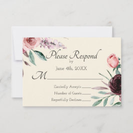 Tarjeta RSVP de Boda Floral Borgoña y Crema
