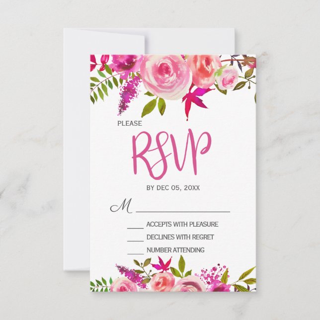 Tarjeta RSVP de Boda Floral Botánica Rosa Fuchsia (Anverso)