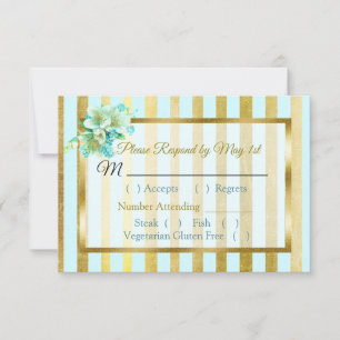 Tarjeta RSVP de boda floral con rayas azules y dor