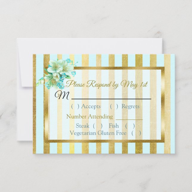 Tarjeta RSVP de boda floral con rayas azules y dor (Anverso)