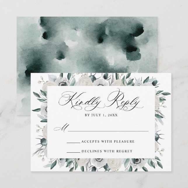 Tarjeta RSVP de Boda Floral de Anemones Blancos y  (Anverso / Reverso)