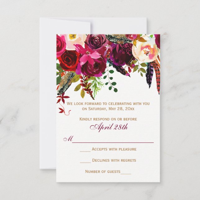 Tarjeta RSVP de boda - Floral de borgoña, plumas (Anverso)