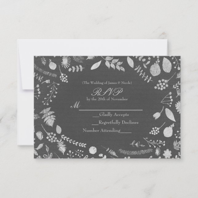 Tarjeta RSVP de Boda floral de carbón gris y plata (Anverso)