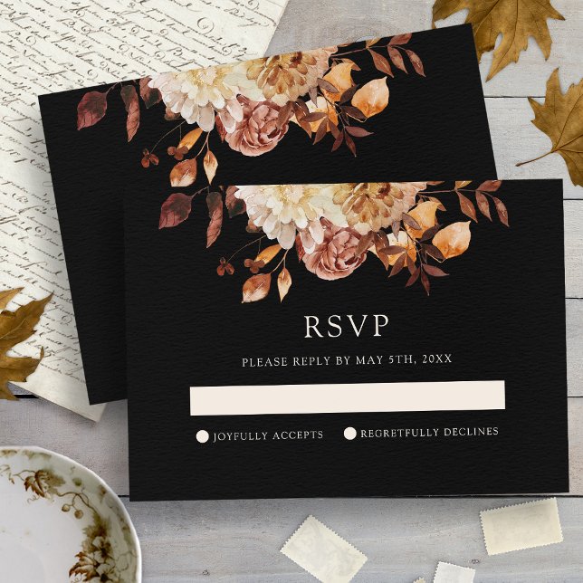 Tarjeta RSVP de Boda Floral de Cobre de Caída Negr (Black Fall Copper Floral Wedding RSVP Card
)