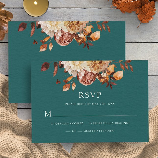 Tarjeta RSVP de Boda Floral de Cobre de Caída verd (Teal Fall Copper Floral Wedding RSVP Card by Painted Paperie
)