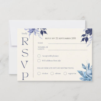 Tarjeta RSVP de boda floral de color azul moderno