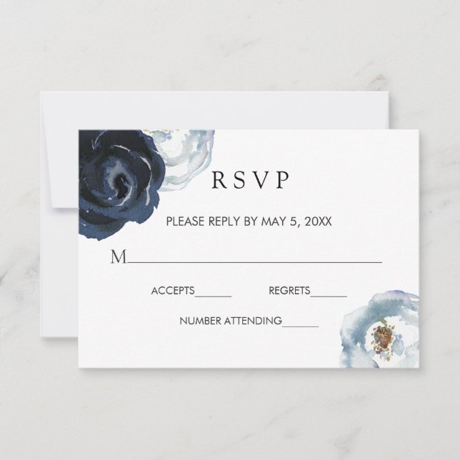 Tarjeta RSVP de Boda Floral de la Marina Azul de l (Anverso)