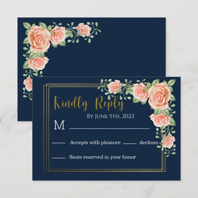 Tarjeta RSVP de boda floral de la Marina Blue Gold (Anverso / Reverso)
