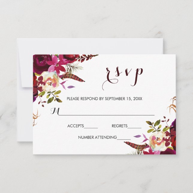 Tarjeta RSVP de Boda Floral de la Marina de Borgoñ (Anverso)