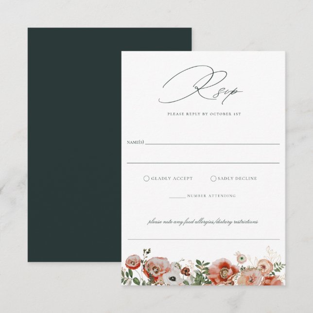Tarjeta RSVP de boda floral de otoño verde esmeral (Anverso / Reverso)
