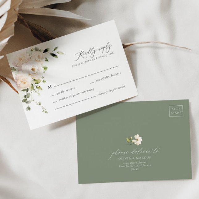 Tarjeta RSVP de Boda Floral de Rosa Blanca Elegant (RSVP Card Front/Back)