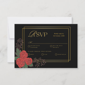 Tarjeta RSVP de Boda Floral de Rosa Roja de Oro Ne