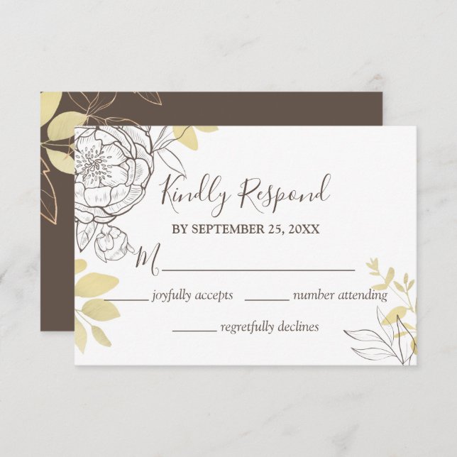 Tarjeta RSVP de Boda Floral de Taupe Oscuro y Oro  (Anverso / Reverso)